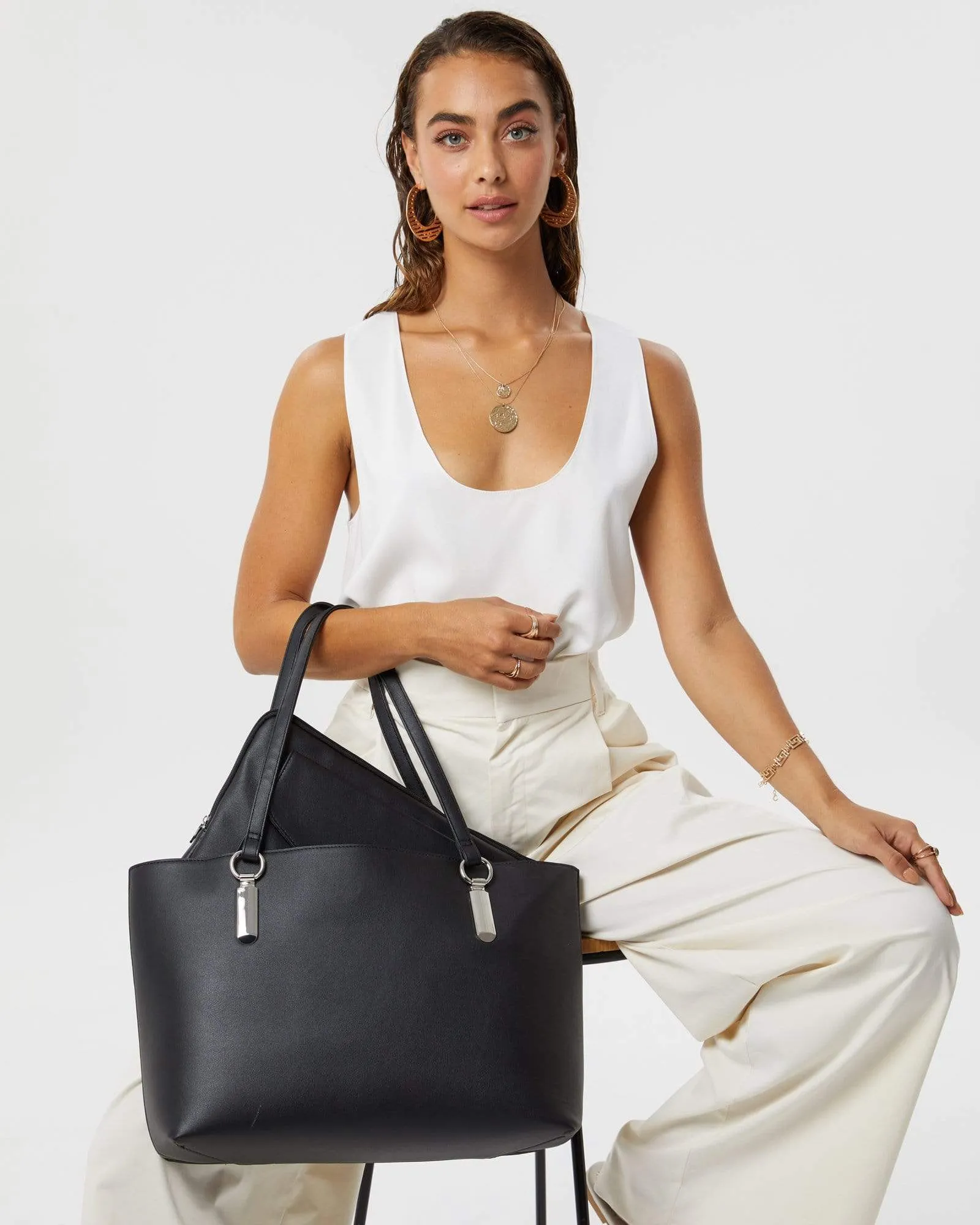 Black Angelina Tote Bag With Silver Hardware