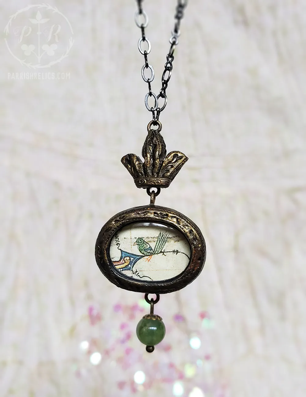 Medieval Manuscript Little Green Bird ~ Crowned Pictorial Shrine Amulet