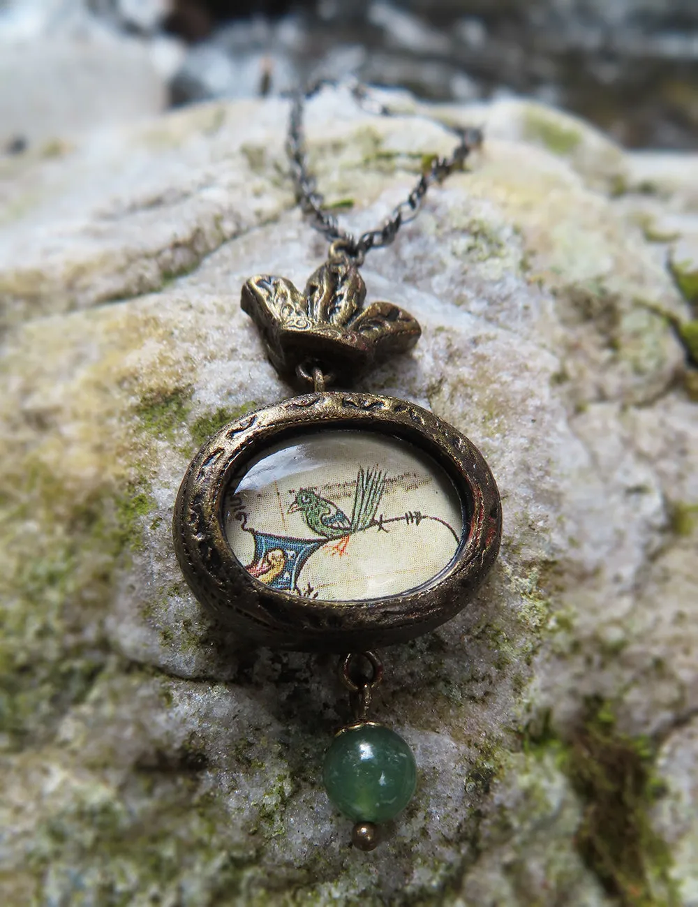 Medieval Manuscript Little Green Bird ~ Crowned Pictorial Shrine Amulet